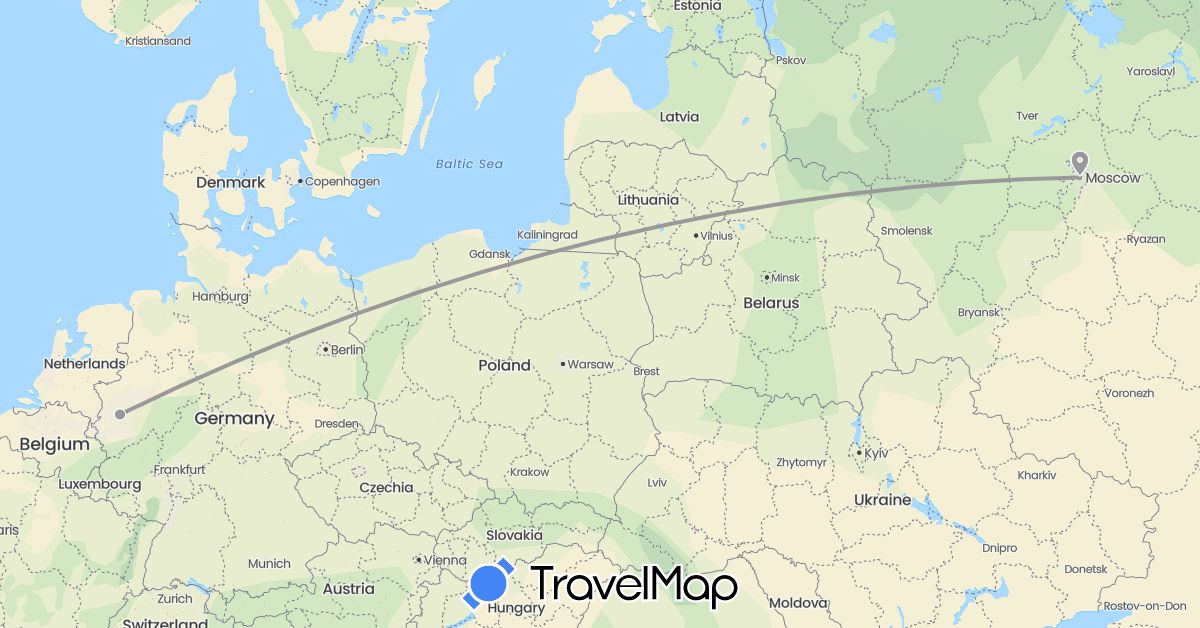 TravelMap itinerary: driving, plane in Germany, Russia (Europe)